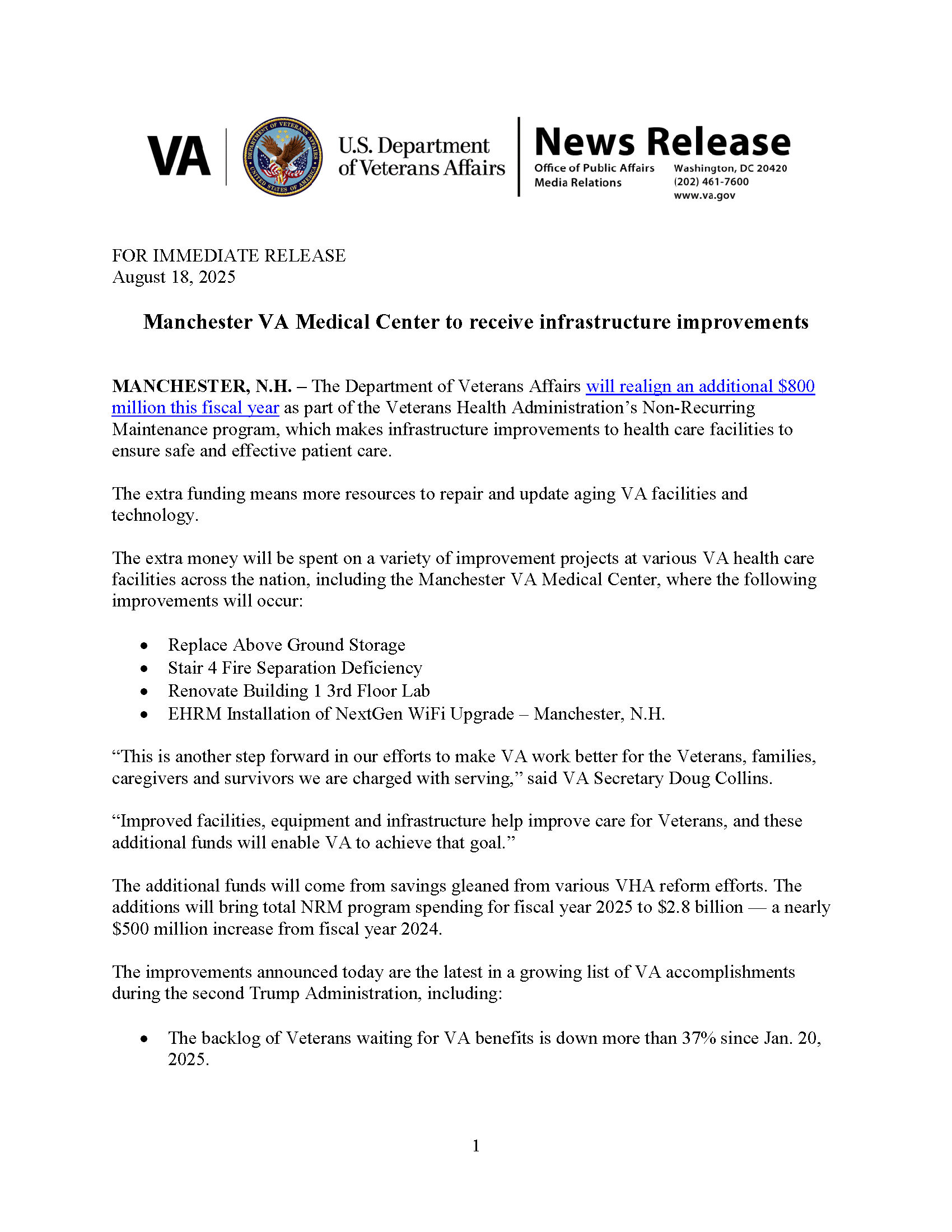 Manchester VA Medical Center Receives Infrastructure Improvements