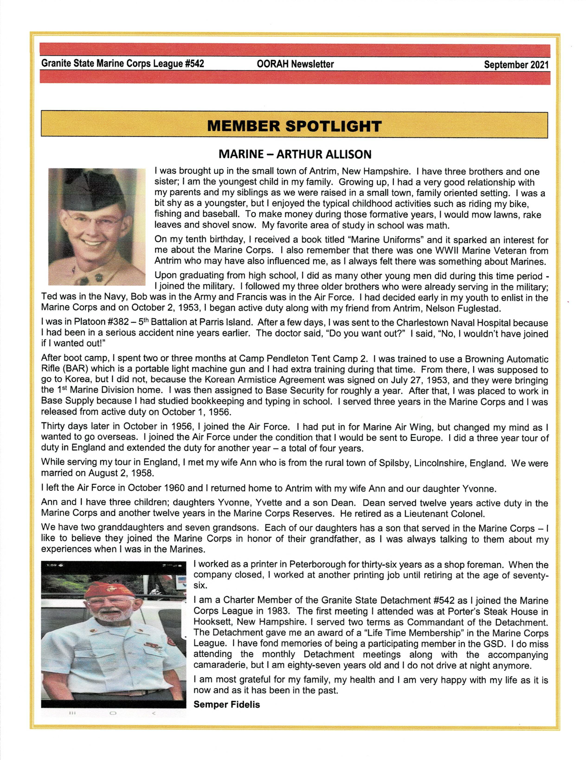 Arthur D Allison OORAH Newsletter September 2021